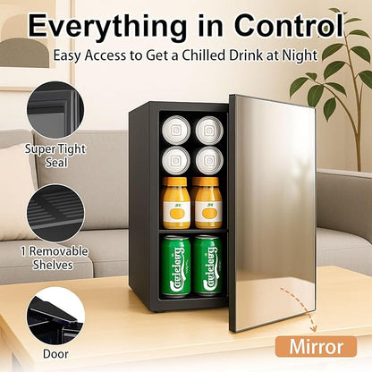 0.95 Cu.Ft Mini Refrigerator and Beauty Fridge, 24 Cans Mini Fridge with Mirror Door, Temperature Control, Removable Shelf, Compact Cooler for Bedroom, Dorm, Office, Beverage Beauty Storage
