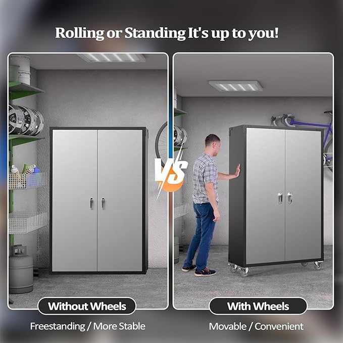 VINGLI Upgraded Wide & Deep Garage Storage Cabinet, Metal Storage Cabinet with Pegboards, Wheels, Locking Doors and Adjustable Shelves (Black & Silver, 43''W x 20''D x 72''H)