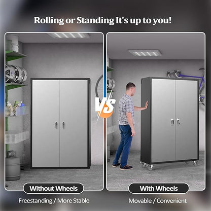 VINGLI Upgraded Wide & Deep Garage Storage Cabinet, Metal Storage Cabinet with Pegboards, Wheels, Locking Doors and Adjustable Shelves (Black & Silver, 43''W x 20''D x 72''H)