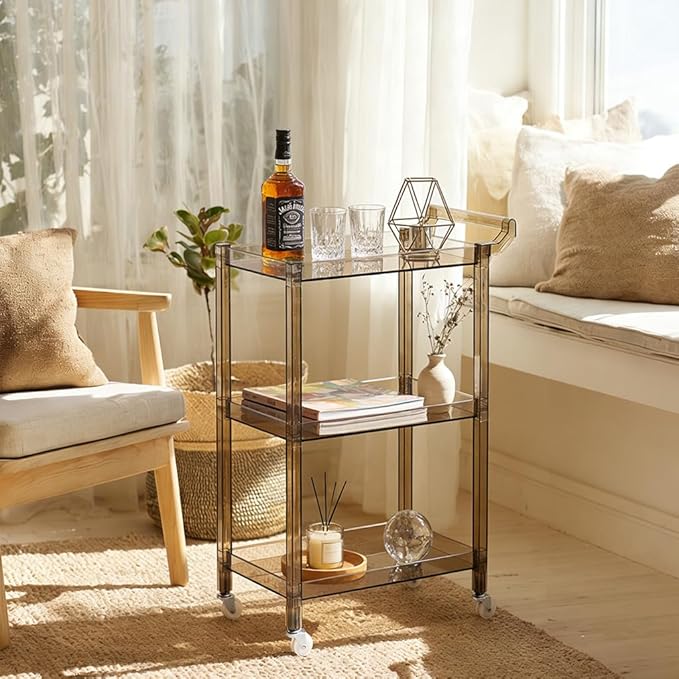 Acrylic Utility Rolling Cart, 3-Tier Clear Acrylic Storage Cart with Pulling Handle & 4 Wheels for Kitchen Living Room Dining Bathroom Laundry, Multifunction Serving Trolley for Small Spaces(Green)