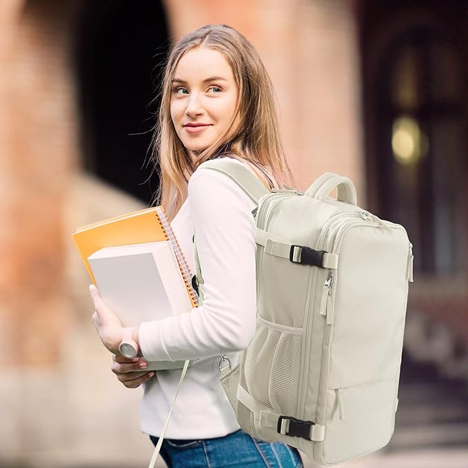 Hanples Large Travel Backpack for Women, 35L Carry on Luggage Backpack, College Laptop Backpack Airline Approved Business Work Bag Fits 17 Inch Computer for Men with 2 Toiletry Bags (Beige)