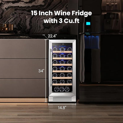 Yeego Wine Fridge Cooler - 15 Inch Wine Fridge Hold 33 Bottles, 40-65°F Wine Refrigerator Glass Door, Built in, Freestanding Under Counter Fridge for Beer Soda Drink Home Bar Office
