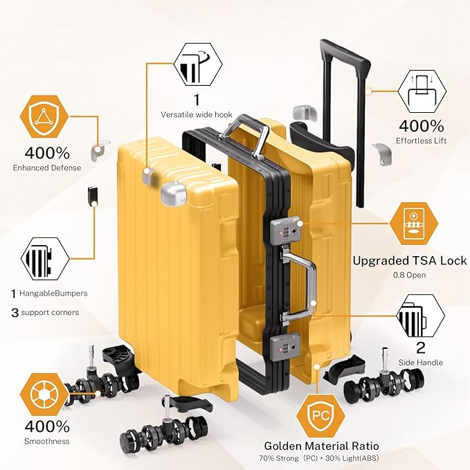 Krute Carry On Luggage 20 inch Aluminum Frame Suitcase with Spinner Wheels No Zipper Hardshell PC+ABS Luggages TSA Lock Zipperless Suitcases