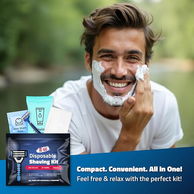Shaving Kit with Razor, Shaving Cream, Washcloth & Aftershave Wipe – Men’s Travel Shave Set for Hotels, Shelters & Outreach – Disposable Grooming Pack (Blue) (1)