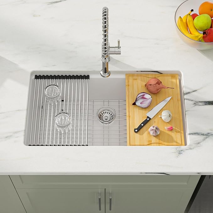 Dcolora 33 Inch White Granite Composite Kitchen Sink Workstation Undermount Single Bowl sink Large Sink For Kitchen,DC-GU2514