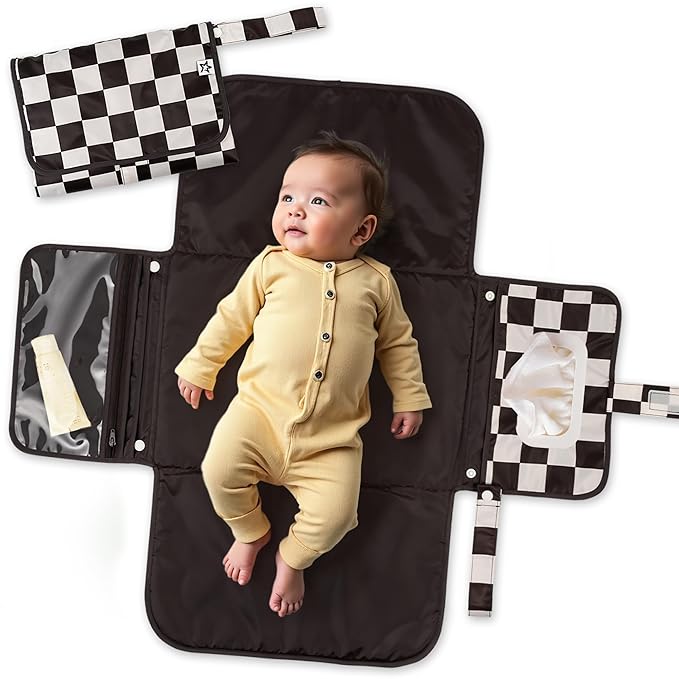 Tiny Twinkle Portable Diaper Changing Pad-Foldable Waterproof Changing Mat&Portable Changing Pad for Travel,Baby Changing Station with Smart Wipes Pocket&Storage (Black Checkers)