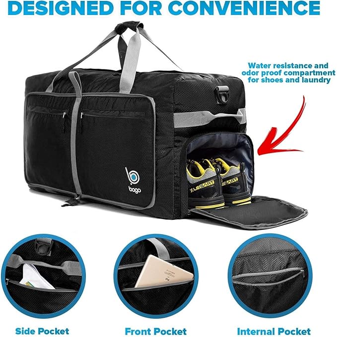 Bago Large Foldable Duffel Bags for Traveling Women & Men - 120L Packable Duffle Bag for Travel with Shoe Compartment - Water Repellant, Heavy Duty, Lightweight Folding & Collapsible (Black)