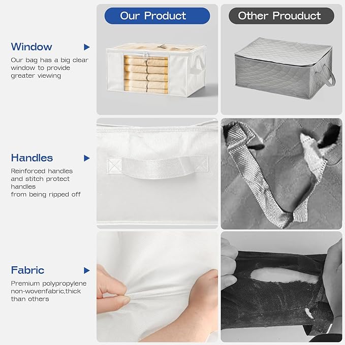 Clothes Storage Bags, Foldable Thick Fabric Blanket Storage Bags, Large Clear Window & Carry Handles, Great for Clothes, Blankets, Closets, Pillows, Toys (White, 4PACK)