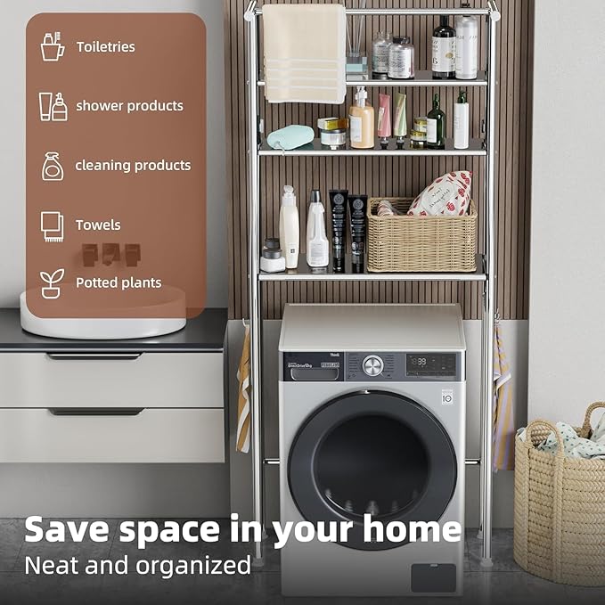 Over The Washer and Dryer Storage Shelf, 3 Tier Laundry Room Metal Drying Rack with Towels Hangers, Space Saver Organizer for Hanging Clothes and Towels (Stainless Steel RA1)