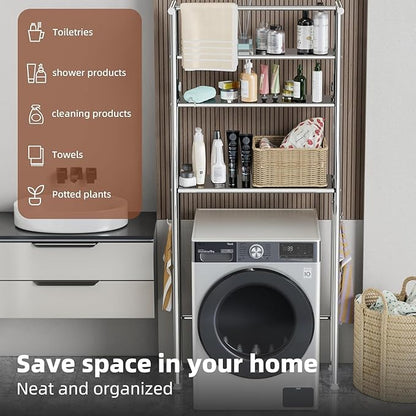 Over The Washer and Dryer Storage Shelf, 3 Tier Laundry Room Metal Drying Rack with Towels Hangers, Space Saver Organizer for Hanging Clothes and Towels (Stainless Steel RA1)