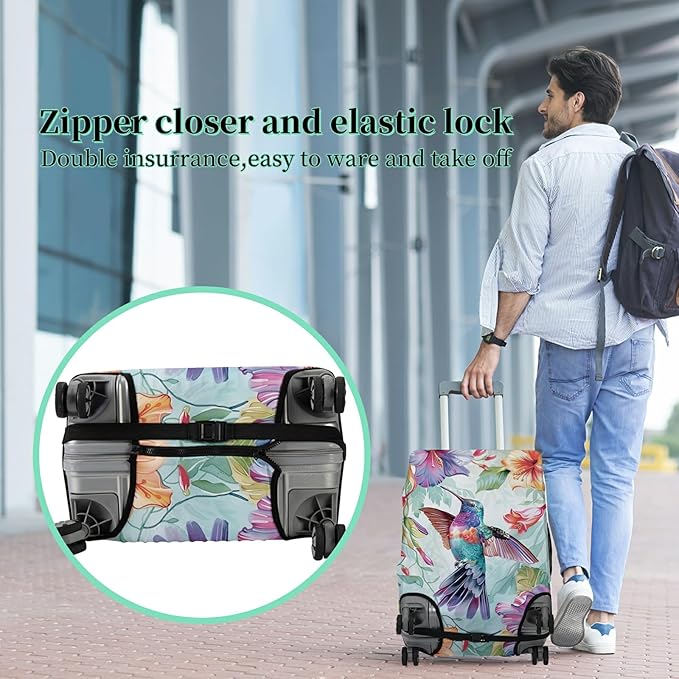 Luggage Cover Suitcase Protector Plus 1 Luggage Tag, Color Hummingbirds Travel Suitcase Cover for 26-28 inch Luggage (L) with Concealed Zipper Washable Elastic Cloth Dustproof Anti-Scratch