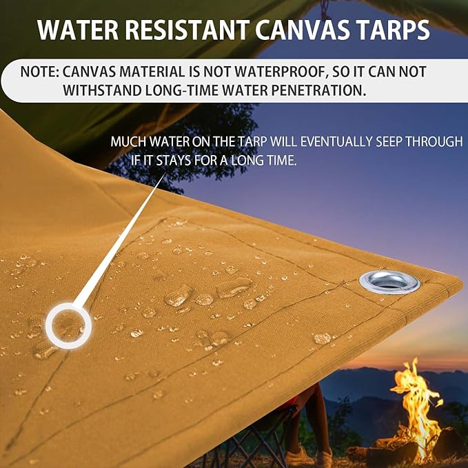 FoundGo 10x20ft Canvas Tarp 22 Mil Tarps 14 oz Canvas Tarpaulin Heavy Duty Cloth Water/UV Resistant Cover with Rustproof Grommets & Ropes for Cars,Roofs,Boats,Camps,Sunshades，Moisture Barrier -Tan