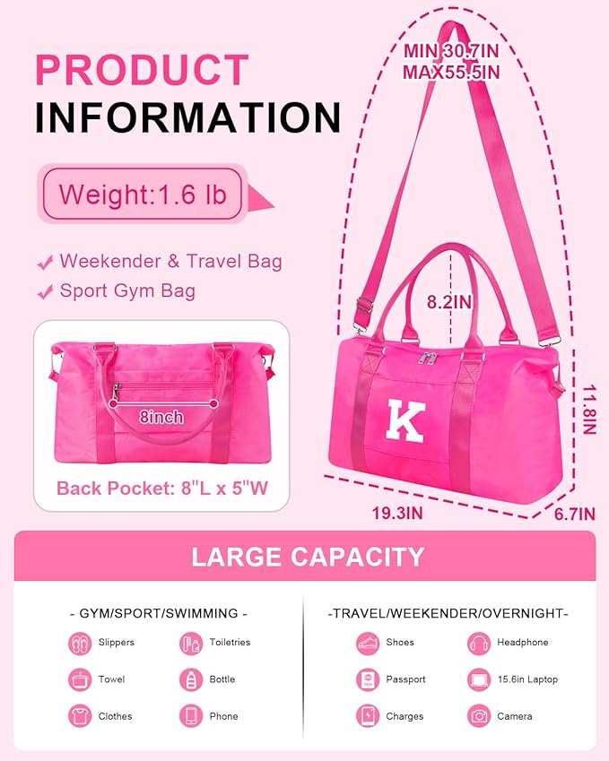Overnight Bag for Kids Teen Girls Weekender Dance Bag Birthday Graduation Gifts,Initial Travel Duffel Bag Sports Gym Bag Personalized Weekender Bag Carry On Bags Preppy Gifts for Women(Hot Pink, K)