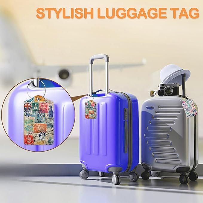 Retro Wanderlust Stamps 3 PCS PU Leather Luggage Tags for Suitcase, Luggage Tag with Privacy Flap, Name ID Label and Metal Loop for Women Men Baggage Handbag School Bag Backpack