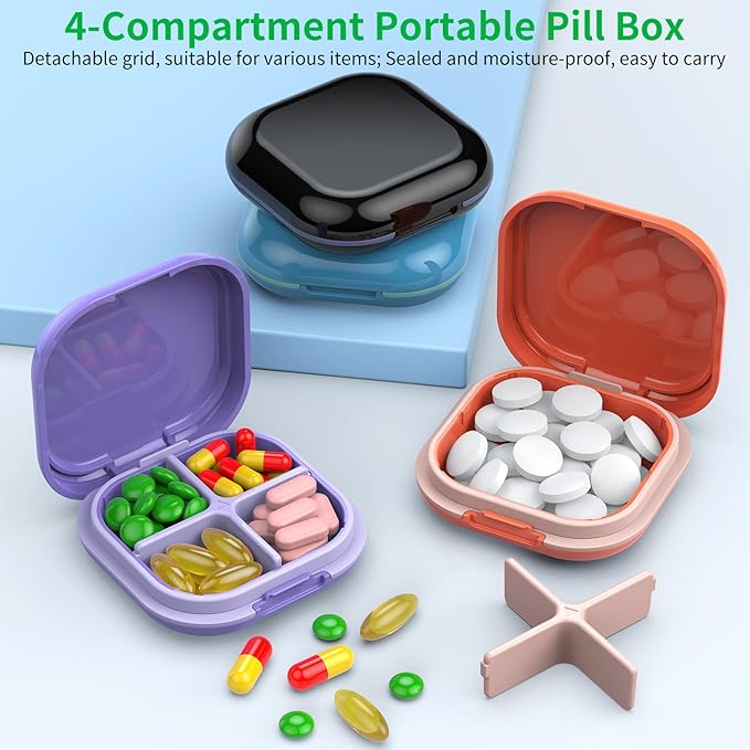 Daily Pill Organizer 4 Compartments, Small Pill Box Portable Travel Pill Case, Mini Pill Container for Purse Pocket, Compact Travel Medicine Organizer for Vitamin, Cod Liver Oil, Supplement