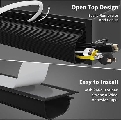 Cable Management Under Desk (31.5in J Channel 2x15.7in) Self Adhesive Cable Raceways Channel, Easy to Install Cord Cover Hider Desk Cord Organizer Electrical Black