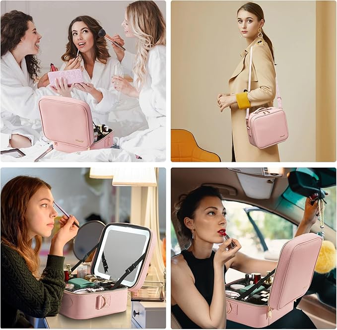Mocado Travel Makeup Bag with LED Lighted Mirror, Travel Makeup Organizer, Makeup Case with 3 Color Lighted Setting and 10x Magnifying Mirror, Portable Storage and Adjustable Dividers Makeup Box(Pink)