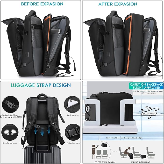 Travel Carry on Backpack 50L Expandable Flight Approved Backpacks 17.3 inch Laptop and USB Charging Port bags Water Resistant Business Back Pack for Women & Men