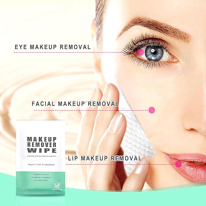 50 Individually Wrapped Makeup Remover Wipes - Bulk Face Cleansing Wipes, Travel Towelette Makeup Remover Cloth for Face Cleansing