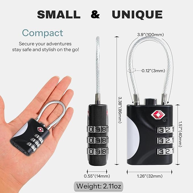 TSA Approved Luggage Locks - Small Combo Travel Padlock with Cable, TSA 007 Suitcase & Backpack Security, Durable & Easy to Use (Black+Blue)