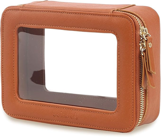 Aveniee Clear Makeup Bag, Travel Toiletry Case Car Accessories Organizer for Women, Heavy Duty Clear Pouch with Dual Zippers(Brown)