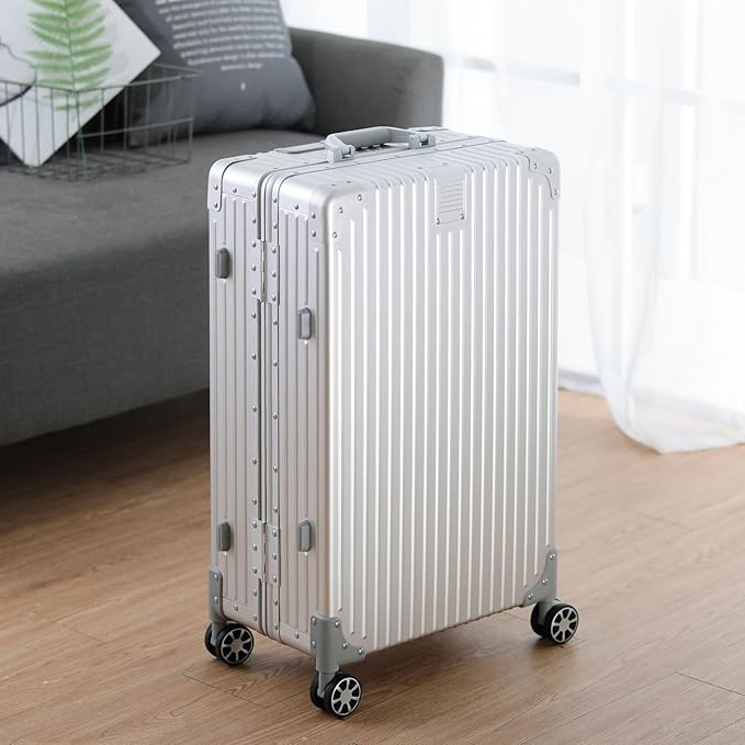 Metal All Aluminum Carry-on Luggage TSA Customs Lock Zipperless Silent Rotary Wheel Business Suitcase Aluminum Frame Set (silvery, 24 '')