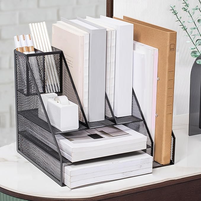 Hyuduo Office Desk Organizer, Black Iron Mesh 3 Tier Paper Letter Tray with 2 Pen Holders and File Rack Metal Structure for Office and Home Desk Organization
