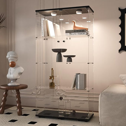 Beauty4U Glass Display Cabinet with Light, 4 Shelves with 2 Doors, Curio Cabinets for Living Room, Bedroom, Office, Black Floor Standing Glass Bookshelf, Quick Installation