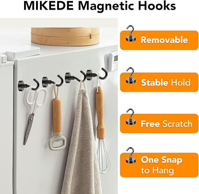 MIKEDE Magnetic Hooks, 50Lbs Strong Neodymium Black Magnet Hook for Hanging, Heavy Duty Magnetic Hooks Classroom Must Have, Magnet with Hooks for Home, Kitchen, Workplace, School - Pack of 10