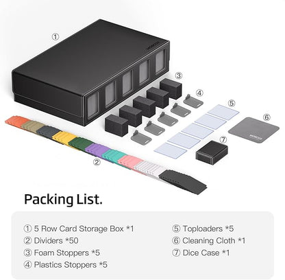 Trading Card Storage Box 5-Row 3900+ Capacity,TCG MTG Card Case with Magnetic Lid & Commander Display,Top Loader Storage for Sports Cards,Includes Dividers Dice Box