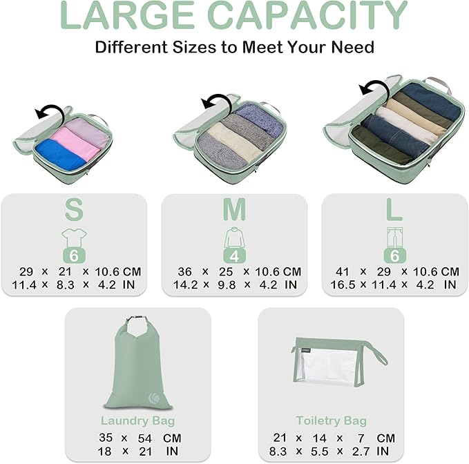 Cipway Compression Packing Cubes, See Through Mesh Luggage Organizer Bags, Travel Essentials for Carry on Suitcase with Laundry Bag and Clear Toiletries Bag（6 Pcs,Sage Green）