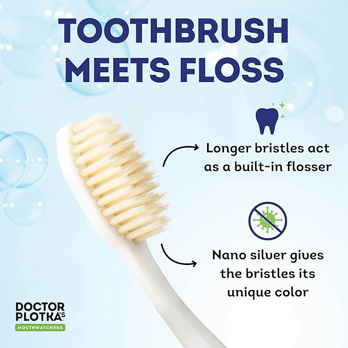 MOUTHWATCHERS Soft Flossing Toothbrushes, Value Pack of 4, Blue, Manual Toothbrush for Adults, Ultra Clean, Good for Sensitive Teeth and Gums, by Dr. Plotka's