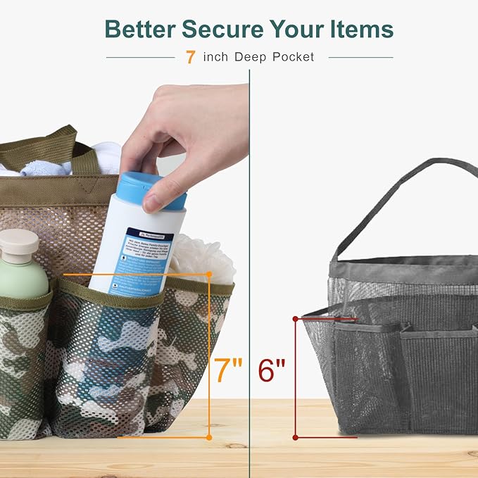 F-color Shower Caddy Portable - Mesh Shower Bag Basket Tote for College Dorm Room Essentials Bathroom Gym Camp Quick Dry for Women Men with S Hook, Brown Camouflage