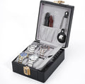 BISON DENIM Watch Box, 4 Watch Travel Case with Combination Lock - PU Leather Men's Watch Storage Box & Jewelry Organizer with Ring Slots & Necklace Hooks, Secure Travel Case, Black