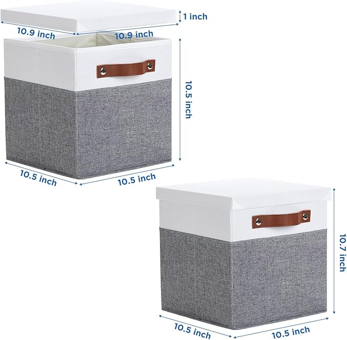 Temary Foldable Fabric Storage Bins with Lids, 2-Pack Storage Bin for Organizing Living Room, Closet Organization, Multi-Purpose Storage Boxes for Clothes (White&Grey, 10.5x10.5x10.5in)