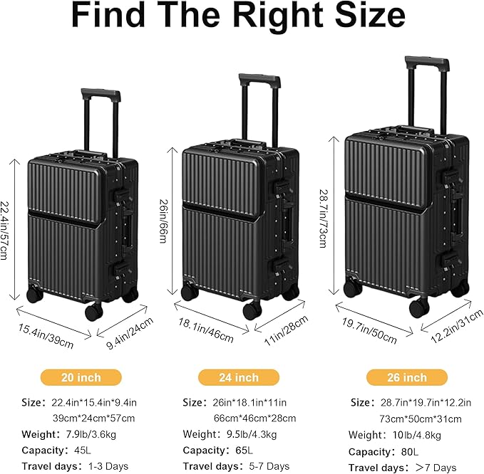 2-Piece Hardshell Zipperless Luggage Set, 20/26" Aluminum Frame Hardshell Spinner Luggage, Airline Approved Carry-On Luggage, TSA Lock, 360° Quiet Wheels With Cup Holder (Black)