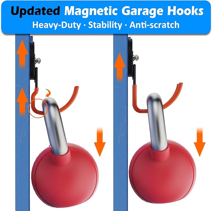 MUTUACTOR New Updated Heavy Duty Magnetic Hooks,40lbs 2-Pack Super Strong Magnetic Hooks for Hanging,Anti-Scratch Garage Magnets J-Hook for Organizing Heavy Impact Drivers Trailer Cord Garden Tools