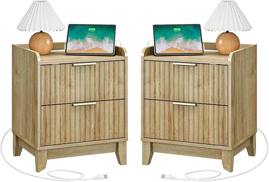 Wnutrees Fluted Nightstand with Charging Station, Modern Bedside Table with 2 Drawers, Farmhouse Wooden End Side Table for Living Room, 2Pack, Natural