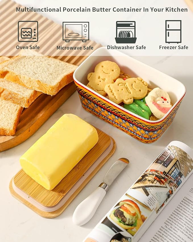 Hasense Bohemian Butter Dish, Farmhouse Ceramic Butter Dish with Lid for Fridge, Butter Container Holder with Cover or Fridge,Silicone Sealing, Holds Two Sticks of Butter, Yellow