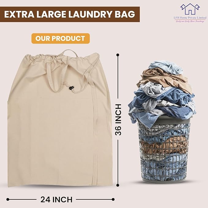 LFH Home Large Premium 100% Cotton Canvas Laundry Bag with Drawstring and Handles Heavy Duty, Multi-Use, and Washable for Home, Travel, College or Storage 24x36 (Pack of 6)-Natural