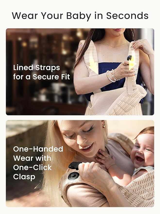 Grownsy Baby Carrier Newborn to Toddler (7-44lbs), Ergonomic & Cozy Wraps with One-Click Buckle, Mesh & Head Support for Hands-Free Comfort, Almond Beige