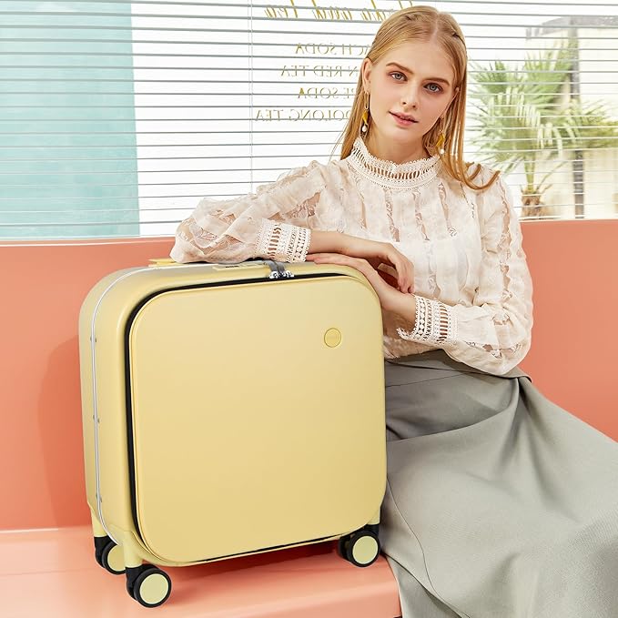 mixi Carry On Luggage, 18” Suitcase with Front Laptop Pocket, Travel Luggage Aluminum Frame PC Hardside with Spinner Wheels & TSA Lock and Cover (Not for Underseat), Lark Yellow