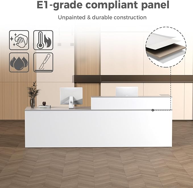 L Shape Reception Desk with Counter, Lockable Drawer, Keyboard Tray, and Double-Layer Storage for Salon, Office, or Clinic(White+Gray/Left, 63" L*24" W*39" H)