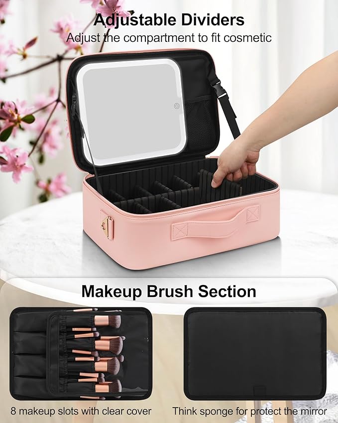 Chomeiu Makeup Bag with LED Mirror, Travel Cosmetic Train Case for Women, Makeup Artists Large Organizer Box with Vanity Light Up Mirror, 3 Color Lights, Adjustable Dividers & Shoulder Strap (Black)
