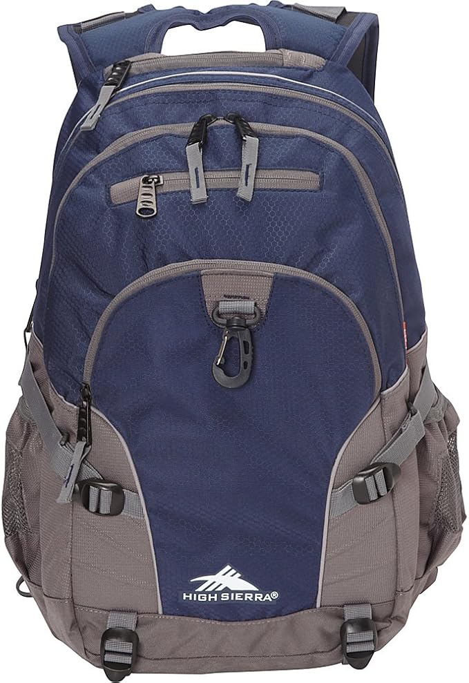 High Sierra Loop Backpack, Travel, or Work Bookbag with tablet sleeve, One Size, Sequin Facets/Bluebird/White