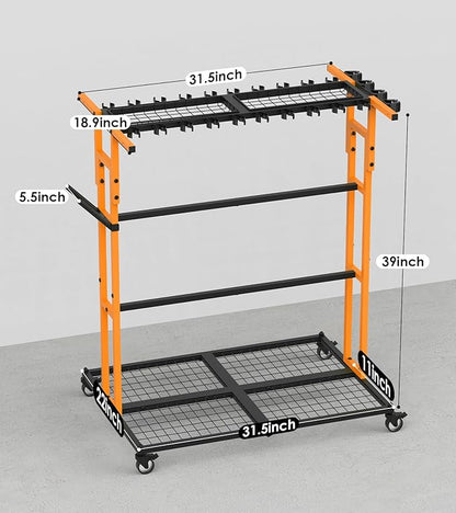 CCCEI Garage Organization with Wheels, Outdoor Gargen Yard Shed Tools Organizer Cart, Home Storage for Cleaning Supplies, Broom Holder, for Shovel and Rake, Long Farming and Farming Tools, Orange.