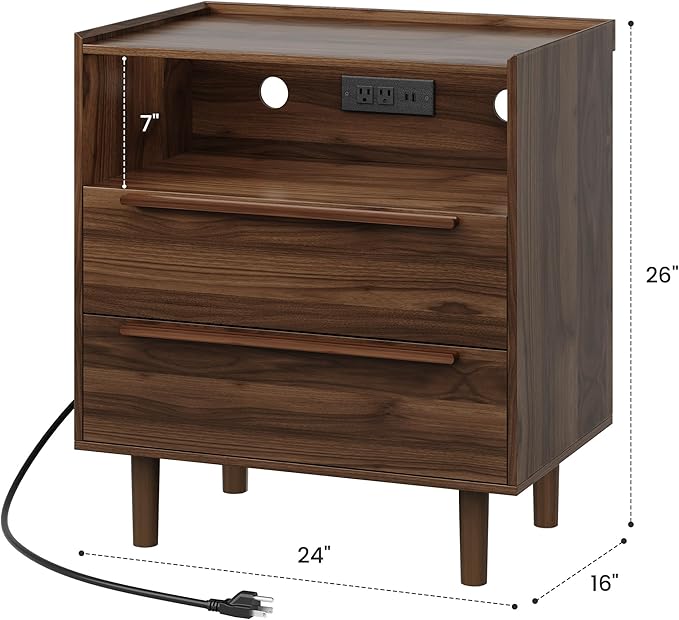 Mid-Century Modern Nightstand with Charging Station, 26" Tall Wood Bedside Table with Tray Top, USB & Type-C Ports, AC Outlets, 2 Drawers and Open Shelf for Bedroom or Living Room, Walnut