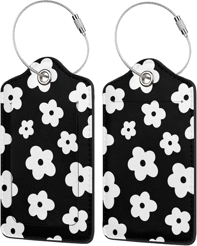 Fun Luggage Tags for Suitcases Leather Name Tag for Luggage Cute Travel Baggage Tags for Carnival Cruise Ships with Funny Patter 2pcs (Black Flowers)