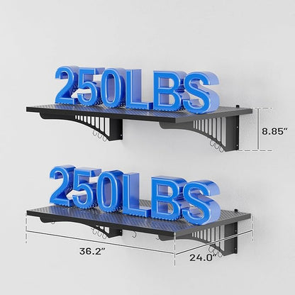 EROMMY 2-Pack 2x3ft Garage Shelving with 500lbs Capacity, Shelving Wall Mounted Metal Floating Storage System-Garage Shelves Heavy Duty with 6 Hooks for Basement Organization