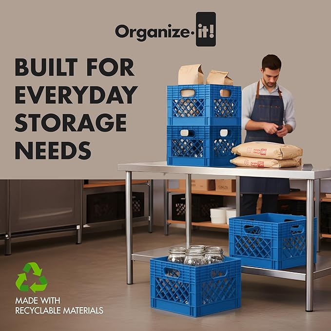 ORGANIZE-IT! 4 Pack Storage Milk Crate, Heavy Duty Versatile Box Organizers with Easy-Grip Handles, Interior 12.25"L x 12.25"W x 10.5"H, Blue